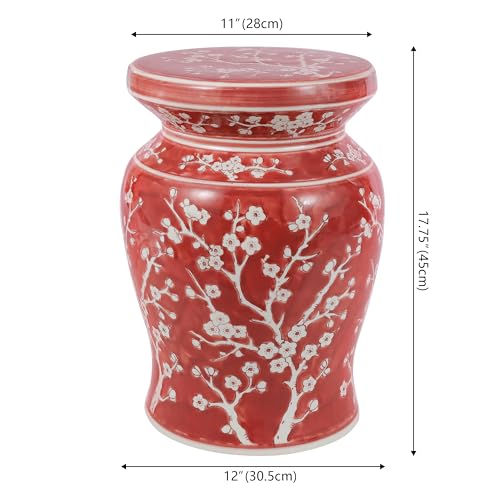 JONATHAN Y Cherry Blossom Ceramic Garden Stool 17.75" Chinoiserie Floral Drum Side Table for Patio and Living Room, Indoor Outdoor Plant Stand, Traditional, Red/White TBL1017B by JONATHAN Y - Image 3