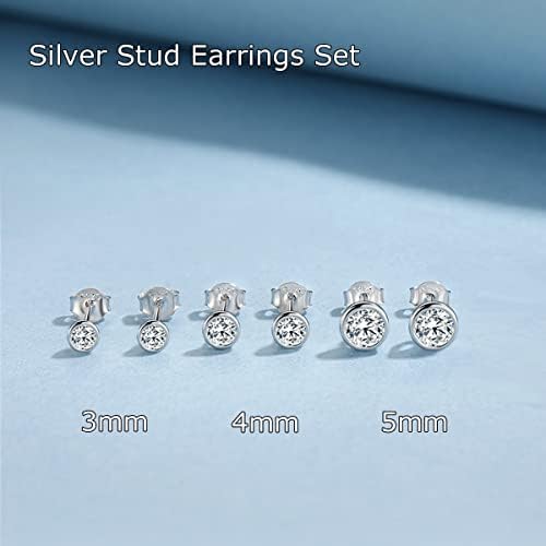 wynn's Silver Stud Earrings for Women, 3 Pairs 925 Sterling Silver Stud Earrings, Silver Round Cubic Zirconia Stud Earrings Set, Tiny Small Sleeper Cartilage Studs for Men Girls Kids (3,4,5mm)