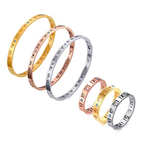 VNOX Stainless Steel Roman Numeral Bangle Bracelet Necklace Stud Earrings Ring Women Grils Jewelry Set