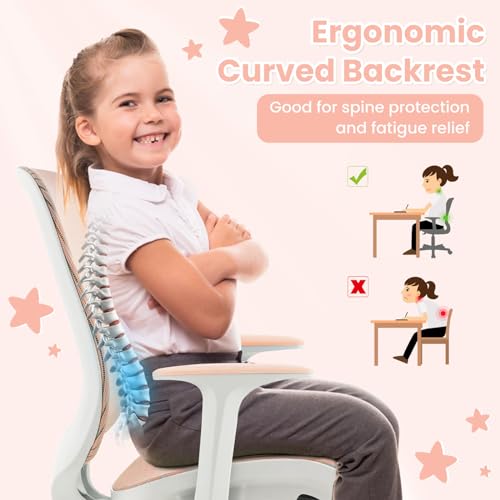 FANTASK Ergonomischer Schreibtischstuhl Kinder, Höhenverstellbar 43-55cm, 360° Drehstuhl mit Rückenlehne & Armlehnen, Bürostuhl mit 5 arretierbaren Rollen, für Kinder ab 6 Jahren (Rosa)