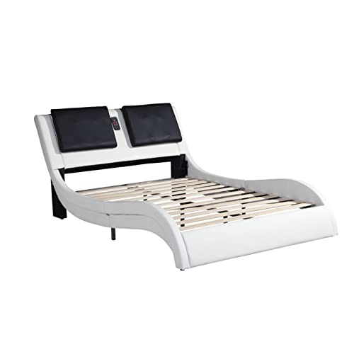 Ufinego King Upholstered Platform Bed Frame, Faux Leather Platform Bed With Led Lights & Usb Ports, Wave-Like Low Profile Curved Bed Frame With Massage Function And Bluetooth Player #TOP4