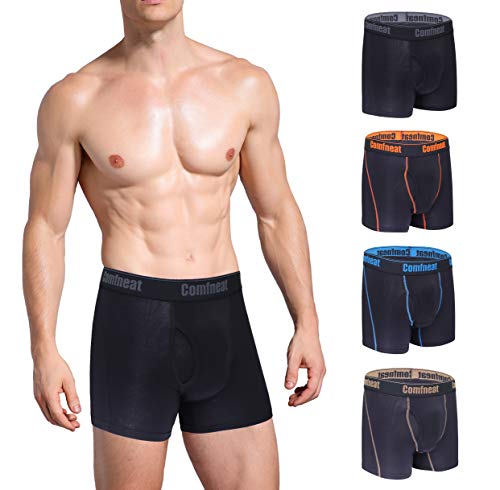 Comfneat Men's 4-Pack Bamboo Rayon Boxer Briefs Ultra Soft Comfy Underwear with Fly (Black-Color 4-Pack, S)