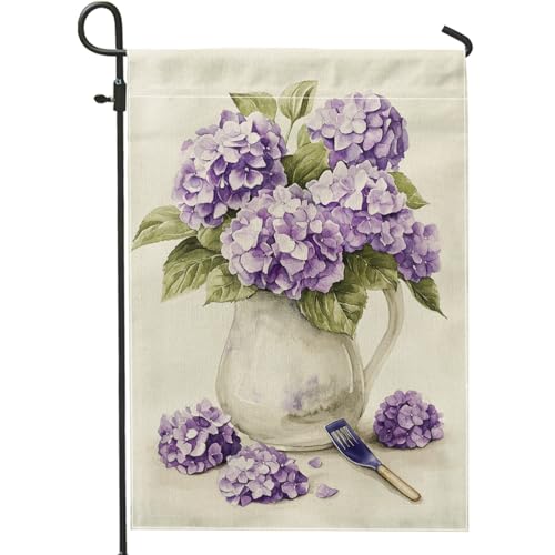 Bandera de jardín de hortensias violetas, decoración floral de primavera y verano, bandera de tela de doble cara para decoración de césped al aire libre, decoración vibrante para el hogar y el jardín