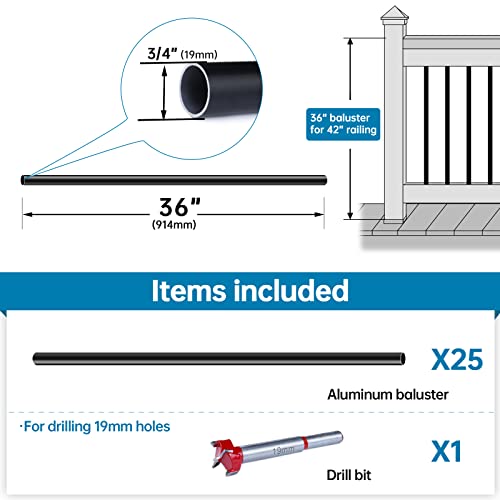 Muzata 25Pack 36" Aluminum Deck Balusters Round Black Deck Railing Stair Porch Staircase Spindles 3/4" Diameter Hollow For Wood And Composite Deck, Wt01 #TOP1