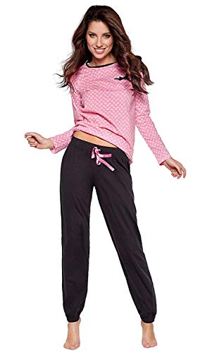 Moonline nightwear Süßer und bequemer Damen Schlafanzug aus 100% weicher Baumwolle, mit Herzchen-Muster, rosa, Gr. M (40/42)