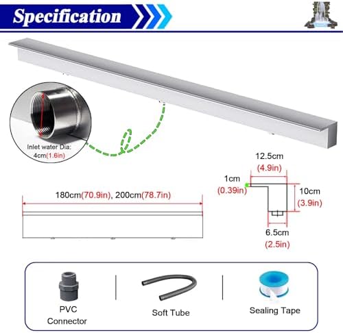 Heavy Duty Stainless Steel Waterfall Spillway - 72" to 12" Sizes for Garden Fish Pond Fountain, Patio Pool Deck Water Feature, Embedded Mounting, Black Outlet, Durable Outdoor Decor