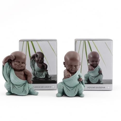 Image of Decorative Baby Buddha Figurine, 2 x Resin Zen Ornaments for Home Décor, Shelf, Desk, Living Room, Bedroom, Office & Meditation Space, Sage Green and Bronze Finish, Baby Posing Buddha – 2 Style Set