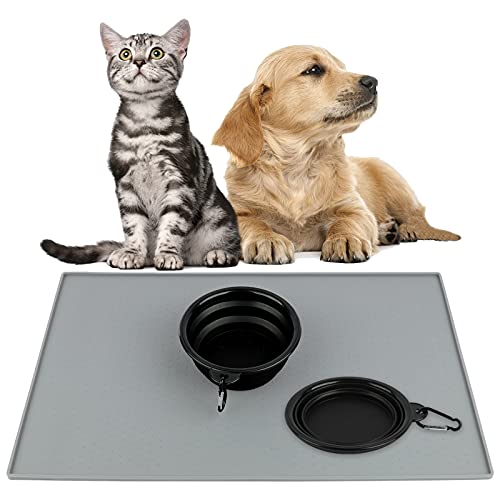 Dog Food Mat, WOVTE DogÂ FeedingÂ mat with Collapsible Pet Travel Bowl, Non-Slip Waterproof Dog Bowl Mat Grey (18.5" Ã— 11.8")