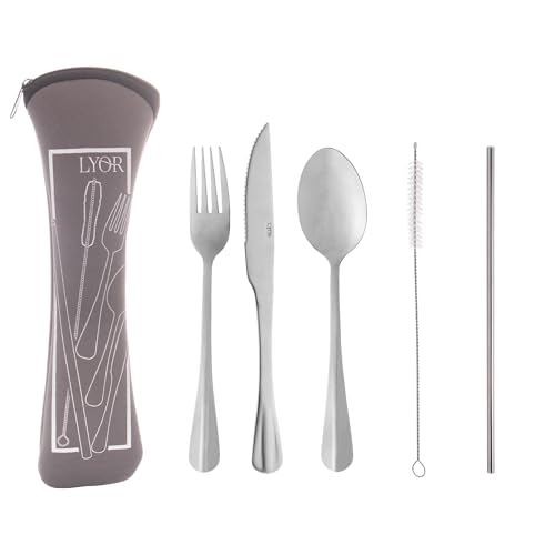 Conjunto 6 Peças Estojo de Neoprene Cinza com 3 Talheres Positano Canudo e Escovinha - Lyor