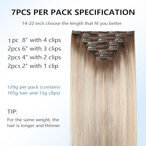 Image of COOKAYU Clip in Hair Extensions Real Human Hair, 8 /60 /18 Ombre Real Hair Extensions Clip in Human Hair, Thick Silky Straight, 14inch 120g 7Pcs