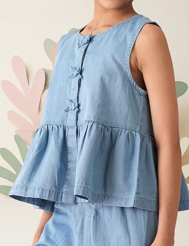 Image of Amazon Brand - Symbol Girl's Solid Denim Relaxed Fit Woven Crop Top