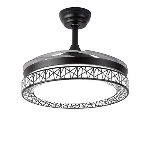 Retractable Ceiling Fans Light with Remote Control Three-color Change LED Invisible Ceiling Fan Chandelier Art Decoration (Black)