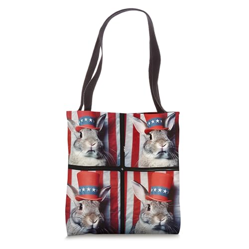 Bolso tote con cara de conejo y bandera estadounidense para el 4 de julio, temática patriótica miniatura 1