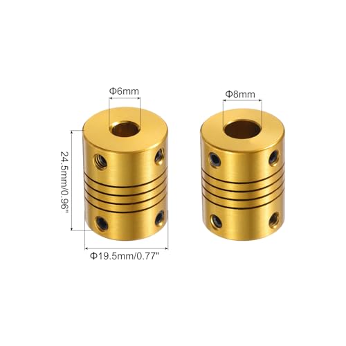 QUARKZMAN 2 Stück Flexible Kupplungen 6mm bis 8mm Aluminium Wellenkupplung L24.5xD19.5mm Klauenkupplung Gelenkverbinder für DIY Encoder Motoren 3D Drucker Schrittmotor Golden