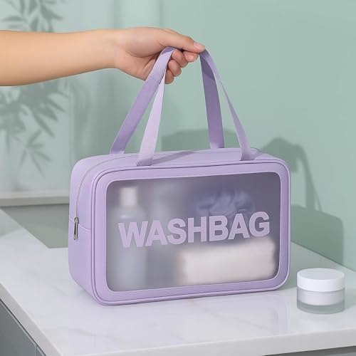 Image of KASHIVAL 3-Piece Clear Travel Toiletry Bags Set, Waterproof Transparent Makeup Organizer Pouches with Zipper, Large Medium Small Cosmetic Storage Cases with Carrying Handle (Purple)