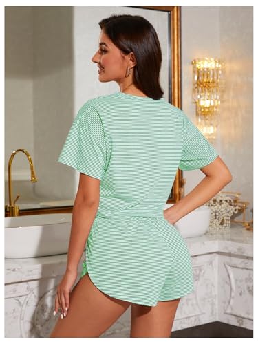 Image of OYOANGLE Womens Pajama Sets 2 Piece Sexy Lounge Sets Summer Cute Pjs Striped Print Tee and Side Split Shorts Set