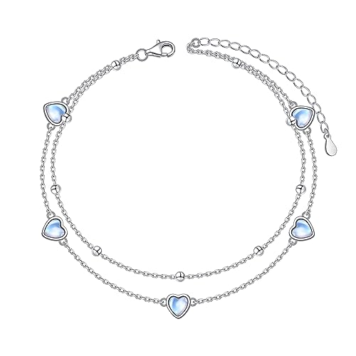 Image of Flyow Anklet for Women S925 Sterling Silver Adjustable Foot Beaded Heart Charm Ankle Bracelet Anklets Jewelry