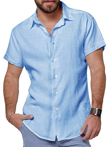 PASLTER Mens Short Sleeve Shirts Linen Cotton Button Down Tees Casual Beach Tops Spread Collar Plain Shirt