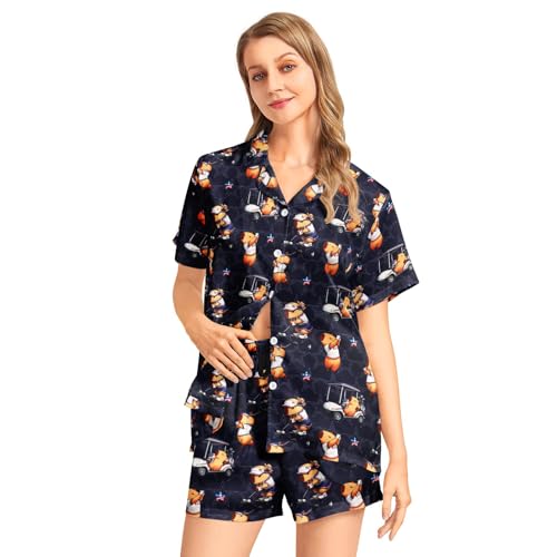 Image of Funny Pajamas for Women Set Print Satin Loungewear Pjs Short Sleeve Button Down Top and Shorts Sets Sleepwear XS-3XL
