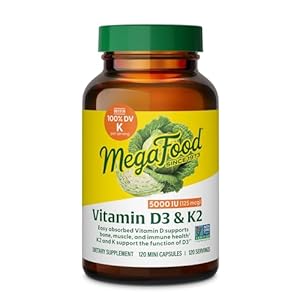 MegaFood Vitamin D3 5000 IU (125 mcg) – Vegetarian Supplements with Vitamin D3 K2 – Supports Bones, Teeth, Muscles & Immune Health – Certified Non-GMO – 120 Mini Capsules, 120 Servings