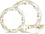ACMLIFE Royal Gold-Plated Bone China Dinnerware Set for 4, Vintage Floral Dinnerware Set, Light Blue 12 Piece Lightweight Bone China Dinnerware Set Plates and Bowls Set (White Gold)