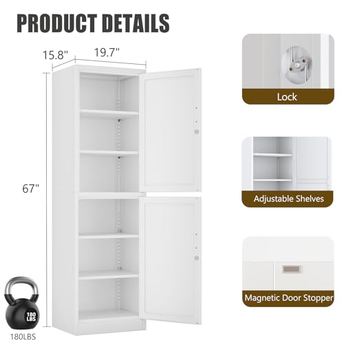 risuoge 2 Door Metal Locker Cabinet, 19.7’’W Narrow Vertical Steel Storage Cabinet with Locking Door and 4 Adjustable Shelves, Garage Tool File Cabinets for Office, Kitchen, Bathroom, White