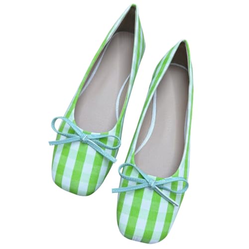 WENJIAZHIZHI Square Toe Gingham Bow Ballet Flats Slip On Cyan 9