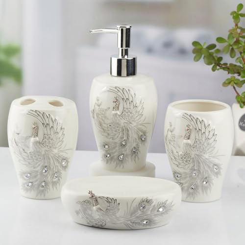 Image of Kookee Ceramic Bathroom Accessories Set of 4 | Soap Dispenser & Toothbrush Holder | Modern Luxury Bath Set | White & Silver Gift Set (10095)