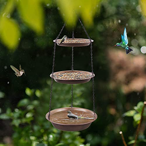 Keygift Hanging Bird Bath For Outdoor, 3-In-1 Birdfeeder & Bathbath Bowls With 28" Rust-Proof Black Chains, Antique Copper Metal Garden Decoration Yard Art #TOP4