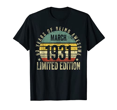 90 años de edad regalos marzo 1931 edición limitada 90 cumpleaños Camiseta