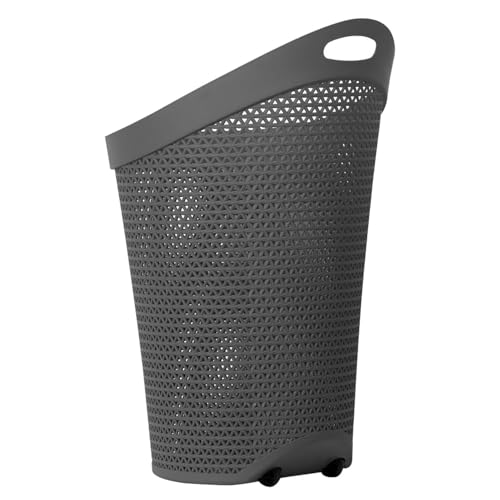 100L Laundry Basket with Wheels - Large Plastic Wheeled Washing Basket with Handle - Heavy-Duty Rattan Laundry Trolley Hamper Clothes Storage Organiser for Bedroom & Bathroom – Grey, 100 Litre