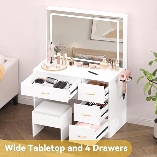 Image of DWVO Vanity Desk Set with Mirror and Lights: Makeup Table with 4 Drawers & Stool, Adjustable LED Lighting, Dressing Table White