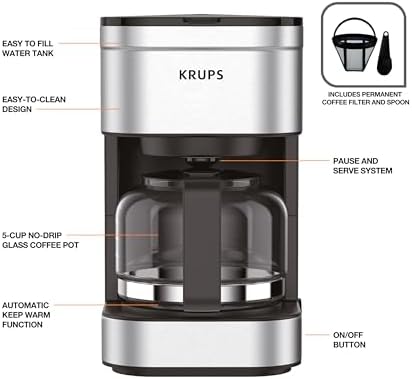 KRUPS Simply Brew Compact 5 Cup Coffee Maker: Stainless Steel Design, Pause & Brew, Keep Warm, Reusable Filter, Drip-Free Carafe - 5
