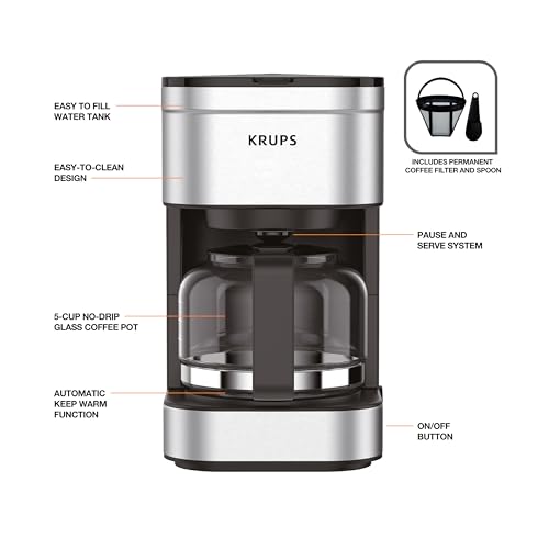 KRUPS Simply Brew Compact 5 Cup Coffee Maker: Stainless Steel Design, Pause & Brew, Keep Warm, Reusable Filter, Drip-Free Carafe by KRUPS - Image 6