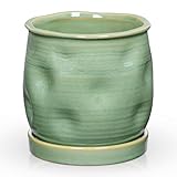 5.7 inch Ceramic Pots for Plants, Plant Pot with Drainage Hole and Saucer Sage Green Ceramic Indoor Planter with Tray Decorative Flower Pots for Succulent, Cactus, Snake Plant, Herb Indoor Outdoor