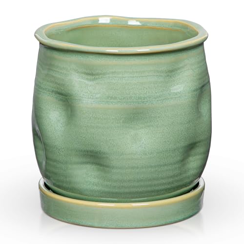 5.7 inch Ceramic Pots for Plants, Plant Pot with Drainage Hole and Saucer Sage Green Ceramic Indoor...