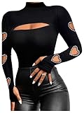 GORGLITTER Women's Heart Top Heart Cut Out Top Sparkly Tops Cutout T Shirt Long Sleeve High Neck Tee Black Large
