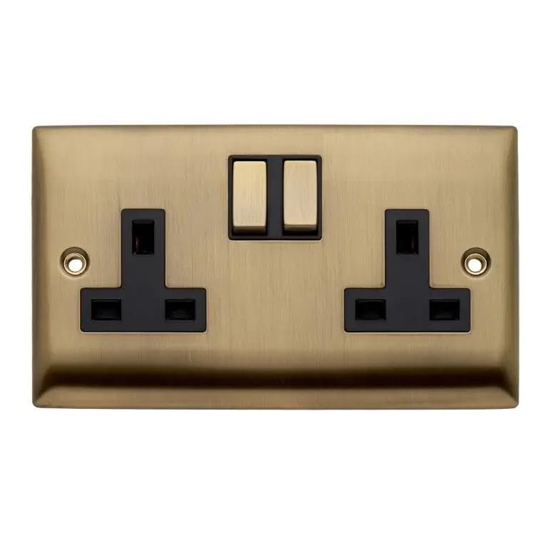 Britelite Double Switched Plug Socket, Antique Brass, 13A