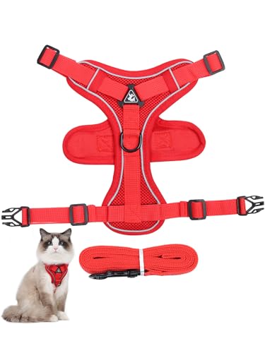 AAGWW Mサイズ 猫用 ストラップ 牽引ロープ 小型犬 散歩 軽量 体重4-5.5 kgを推奨 夜間反射 通気網面 抜け出し防止 首を絞らない(赤+1.5メートル牽引ロープ)