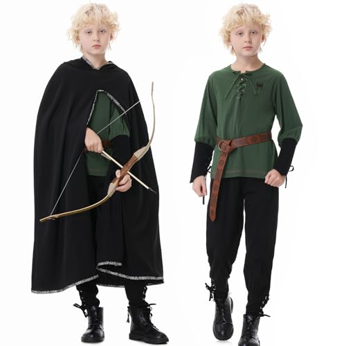 Ezuwail Costume médiéval pour enfant garçon - Costume viking - Costume de carnaval pour enfant garçon - Costume d'Halloween, carnaval - Ensemble d'accessoires de costume médiéval (vert, 160) – vue 4