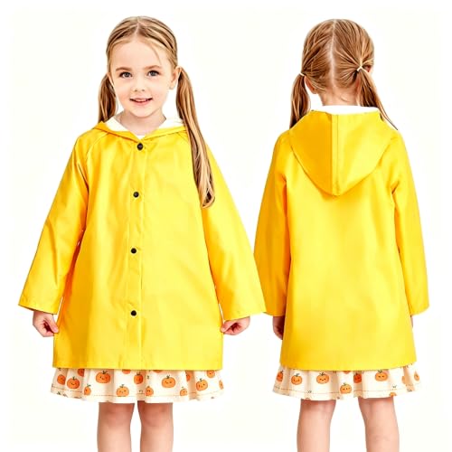 Image of Yellow Kids Raincoat - Lightweight Long Hooded Rain Jacket for Girls Boys Toddler, Waterproof Kids Yellow Rain Coat