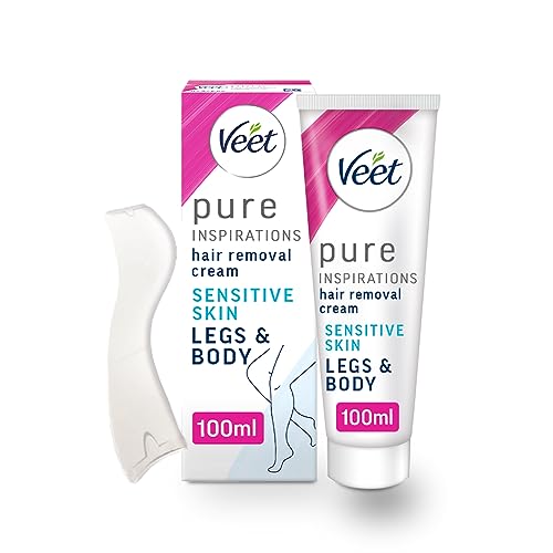 Veet Pure Hair Removal Cream, Legs & Body, Sensitive Skin, 100ml each, 1 Spatula, Long Lasting Smoothness, Hydrates & Exfoliates Skin, Least Number of Ingredients (Packaging may vary)