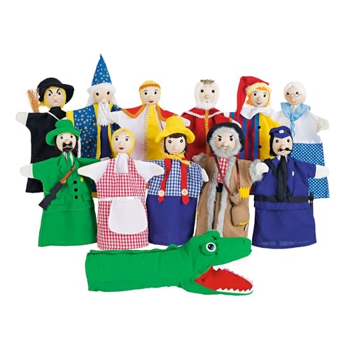 goki SO450 - Handpuppenset, ​​12 unterschiedliche Figuren aus Textil, Kindertheater und Rollenspiele, Puppentheater im Kinderzimmer, fördert Kreativität und Motorik, für Kinder ab 4 Jahre