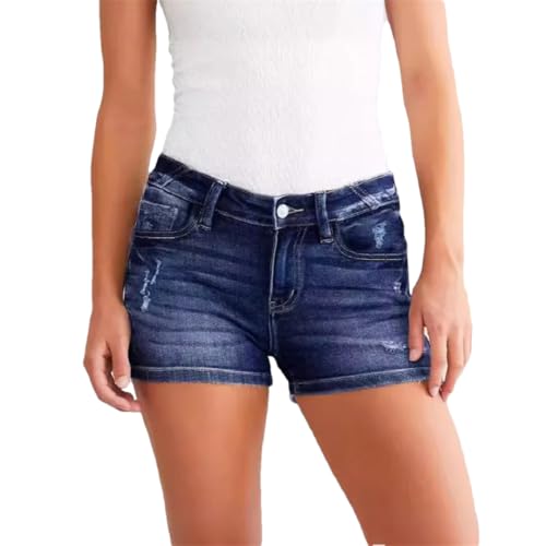Short en jean taille haute pour femme avec déchirures tendance en bleu foncé taille M