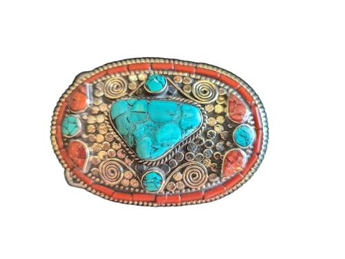 TDbN Oval Design Belt Buckle Inlaid Turquoise Coral Stones German