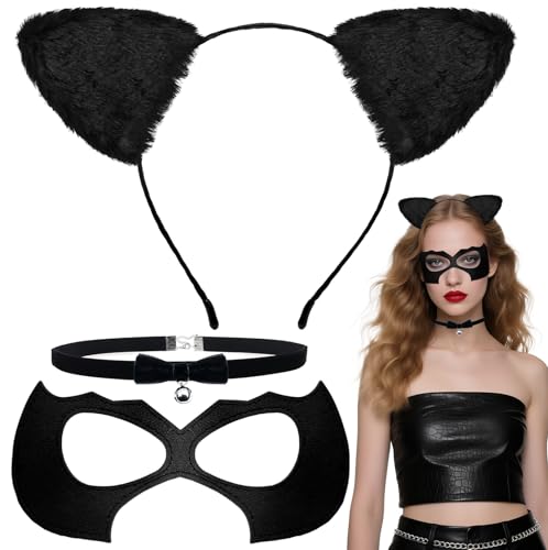Voiiake Black Cat Ears Headband, Mask & Choker Set -