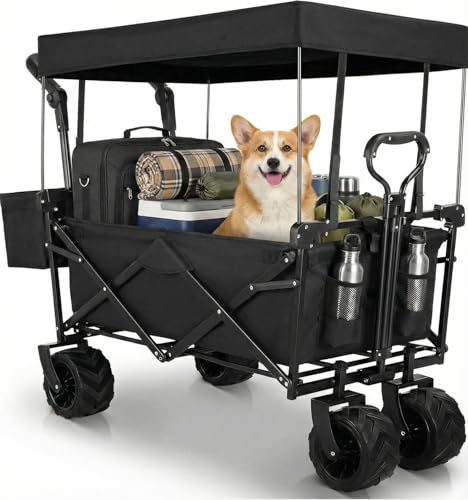 Image of AthLike Extra Large Collapsible Wagon w/Removable Canopy, 250LBS/262L Heavy Duty Foldable Trailer w/ 7“ All-Terrain Wheels, Adjustable Handles, Outdoor Utility Garden Cart for Beach, Camping (Black)