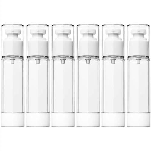 TUZAZO 6 Pack 1.7 OZ/50 ML Airless Pump Bottles, Clear Plastic Travel Size Pump Bottles, Refillable Vacuum Cosmetic Containers Lotion Dispenser for Foundation, Cream, Shampoo