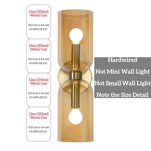 Image of EFINEHOME Minimalist 2-Light Gold Wall Sconces with Cylinder Glass Shades- Mid Century Vanity Wall Double Lights Hardwired- Modern Indoor Glass Wall Mounted Art Decor Lights (Amber, 1 Pack)