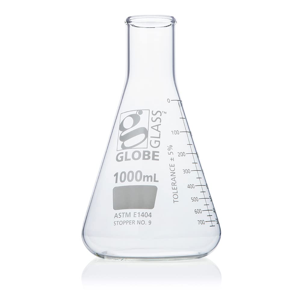 Erlenmeyer Flask, Globe Glass, 1000mL, Narrow Mouth, Dual Graduations, 3.3 Borosilicate Glass, ASTM E1404, 6/Box